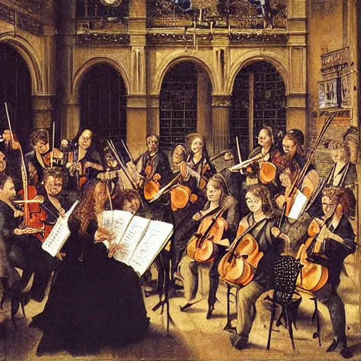 Prompt: orchestral concert art by albrecht durer and banksy