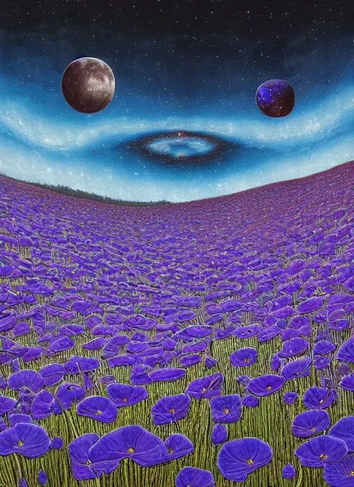 Image similar to detailed, intricate blue black and purple papaverum flower on the field, nebula, galaxy in the sky, winning award masterpiece, fantastically beautiful, illustration, aestheticly inspired, jacek yerka, upscale with anguissola sofonisba work, artstation, 8 k