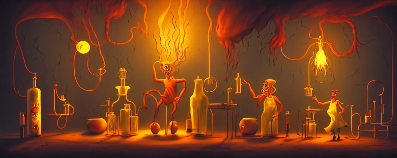 Prompt: uncanny alchemist monsters in a fiery alchemical lab, dramatic lighting, surreal 1 9 3 0 s fleischer cartoon characters, shallow dof, surreal painting by ronny khalil