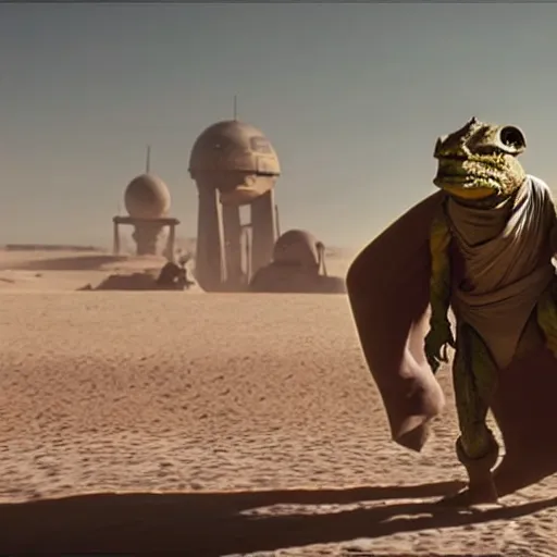 Prompt: Bossk standing in front of his ship on tatooine, movie still, cinematic