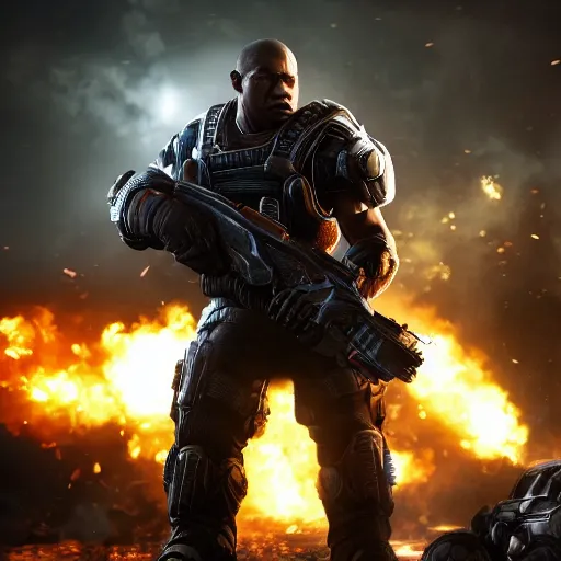 Image similar to barrack obama in gears of war battlefield 5, splash art, movie still, cinematic lighting, dramatic, octane render, long lens, shallow depth of field, bokeh, anamorphic lens flare, 8 k, hyper detailed, 3 5 mm film grain