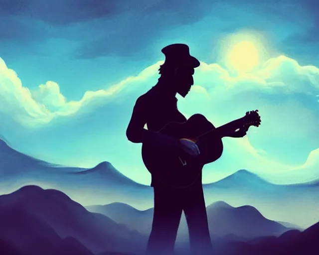 Prompt: A slightly silhouetted figure of a man with a guitar, clouds that look like mountains high in the sky, the clouds are a deep blue purple color with the sun blazing behind the clouds, deep focus, D&D, fantasy, intricate, elegant, highly detailed, digital painting, artstation, concept art, matte, sharp focus, illustration, hearthstone, art by Artgerm and Greg Rutkowski and Alphonse Mucha