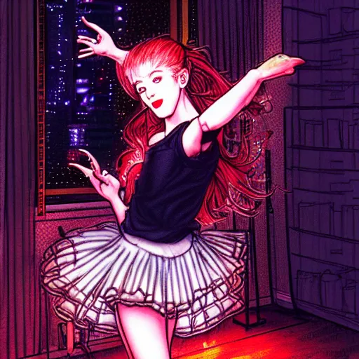 Image similar to cute girl wearing a white girl dancing joyfully in her bedroom at night, cyberpunk lighting, illustrated by ayami kojima