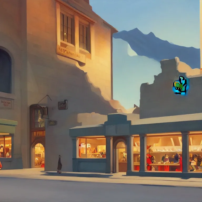 Image similar to apple store in Middle Earth Lord of the Rings, painted by Edward Hopper, painted by James Gilleard, airbrush