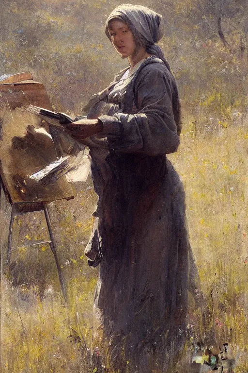 Prompt: Solomon Joseph Solomon and Richard Schmid and Jeremy Lipking painting full length portrait painting of a young woman going to work in the field