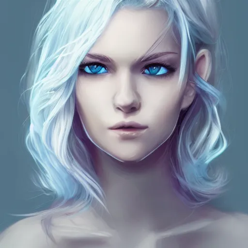 Prompt: woman, messy wavy white hair, light blue eyes, beautiful, portrait, d & d, character art, matte, sharp focus, illustration, concept art,