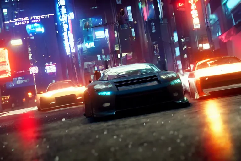 Image similar to tokyo drift fast and furious film still, racing on wet city street, gta 5, hyper detailed, forza, smooth, need for speed, high contrast, volumetric lighting, octane, george miller, jim lee, comic book, ridley scott