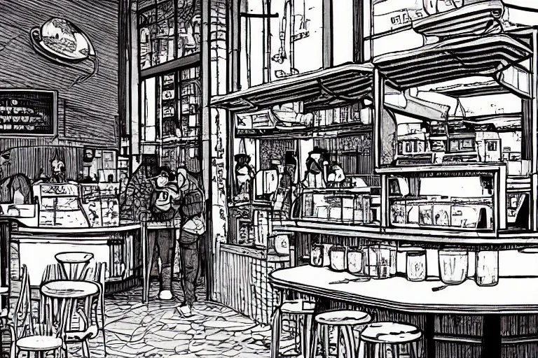 Image similar to coffee shop by moebius