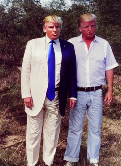 Prompt: polaroid of jeffrey epstein and donald trump on an island