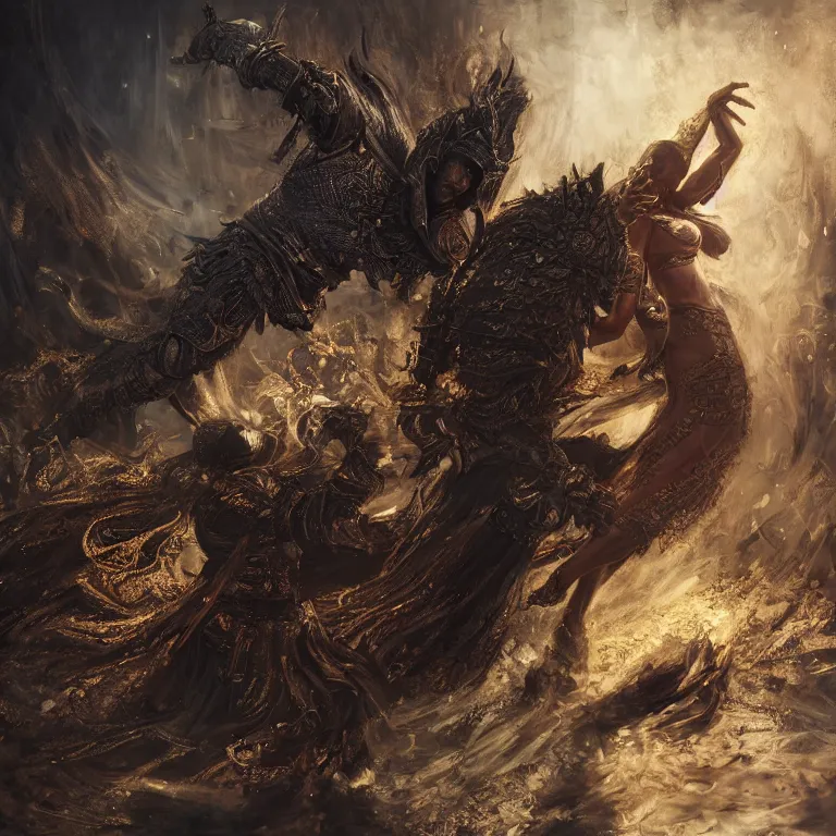 Image similar to dance of black man and a female devil, Dark Souls 3 themed, in style of Ruan Jia, insanely detailed and intricate, golden ratio, elegant, ornate, luxury, elite, matte painting, cinematic, cgsociety, James jean, Brian froud, ross tran, Laputa