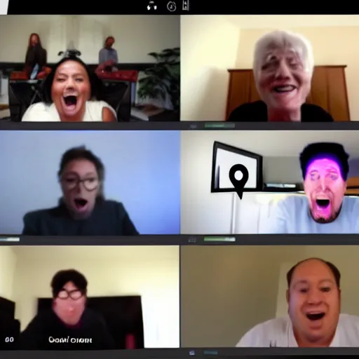 Prompt: zoom call conference with 2 0 people, all screaming at each other with their microphones off, screenshot from a macosx