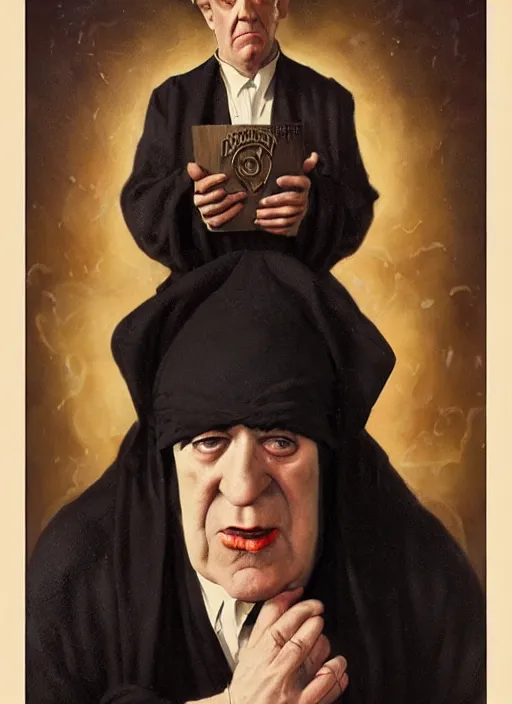 Prompt: moe howard as aleister crowley the grand mage of thelema. art by tom bagshaw and greg danton and manuel sanjulian