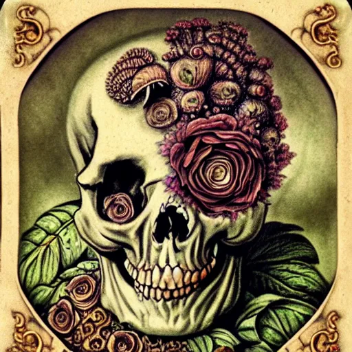 Image similar to a beautiful detailed front view rococo portrait of a rotten woman corpse becoming almost a skull with fractal plants and fractal flowers and mushrooms growing around, intricate, ornate, volumetric light, beautiful lit, polaroid photography, the northman