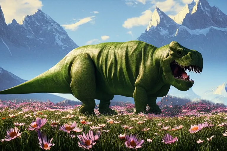 Image similar to lowpoly ps 1 playstation 1 9 9 9 glowing tyrannosaurus standing in a field of daisies, swiss alps in the distance digital illustration by ruan jia on artstation