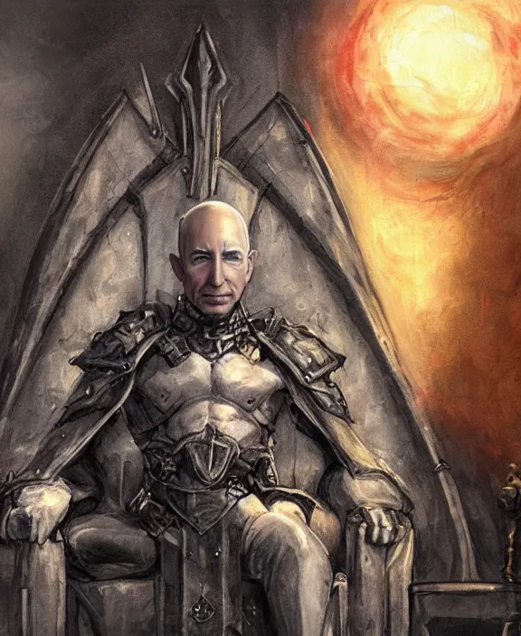 Image similar to a grimdark fantasy concept art portrait of jeff bezos sitting on a dark and evil throne