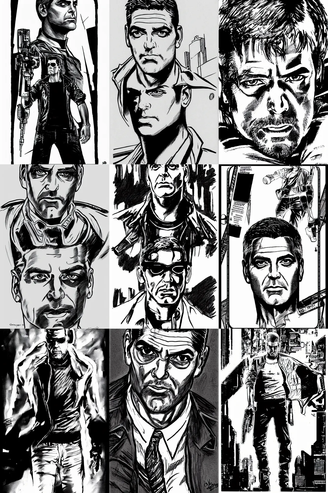 Prompt: george clooney, a drawing from cyberpunk 2 0 2 0, style of paolo parente, style of mike jackson, adam smasher, johnny silverhand, 1 9 9 0 s comic book style, white background, ink drawing, black and white, mid - shot