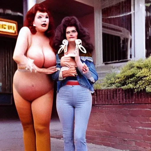 Prompt: 1976 color archival photo of a voluptuous woman and her friend, who has a head like Caspar the Friendly Ghost, in a sidewalk cafe, 16mm film soft color, earth tones and soft color 1976, live-action archival footage, in style of doris wishman russ meyer, woman looks like gilda radner