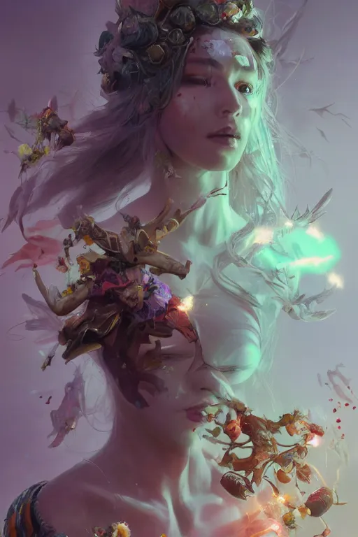 Image similar to beautiful girl necromancer, witch - doctor exploding into flowers, angels, 3 d render, hyper - realistic detailed portrait, holding electricity and birds, ruan jia, wlop. scifi, fantasy, hyper detailed, octane render, concept art, peter mohrbacher