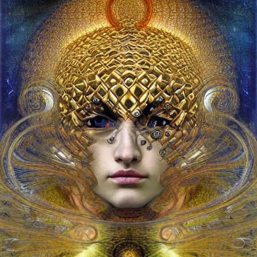 Prompt: Divine Chaos Engine portrait by Karol Bak, Jean Deville, Gustav Klimt, and Vincent Van Gogh, celestial, sacred geometry, visionary, mystic, fractal structures, ornate realistic gilded medieval icon, spirals