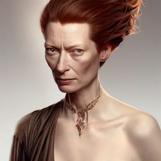 Image similar to ultra realistic illustration, tilda swinton from diablo, intricate, elegant, highly detailed, digital painting, artstation, concept art, smooth, sharp focus, illustration, art by artgerm and greg rutkowski and alphonse mucha