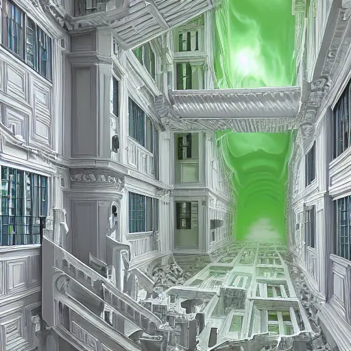 Prompt: a flood of slime in a bright white hallway with many doors and many stairs, Mc Escher architecture, epic composition, cgsociety, hyperdetailed, 8k