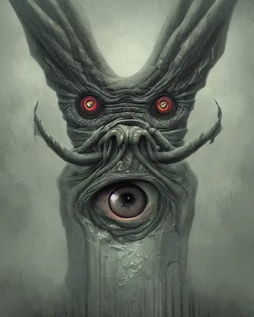 Prompt: a painting of a strange creature with evil eyes by anton semenov