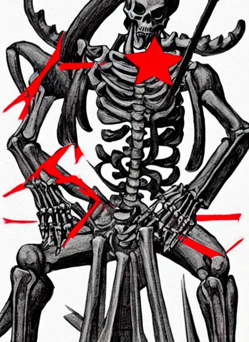 Image similar to shin megami tensei art of a demon that is a skeleton soviet!!! soldier!!! from 1 9 2 0 s wearing a budenovka!!!! with a red star!!, art by kazuma kaneko, demonic! compedium!, law aligned, digital drawing, white background, very high quality, very highly detailed