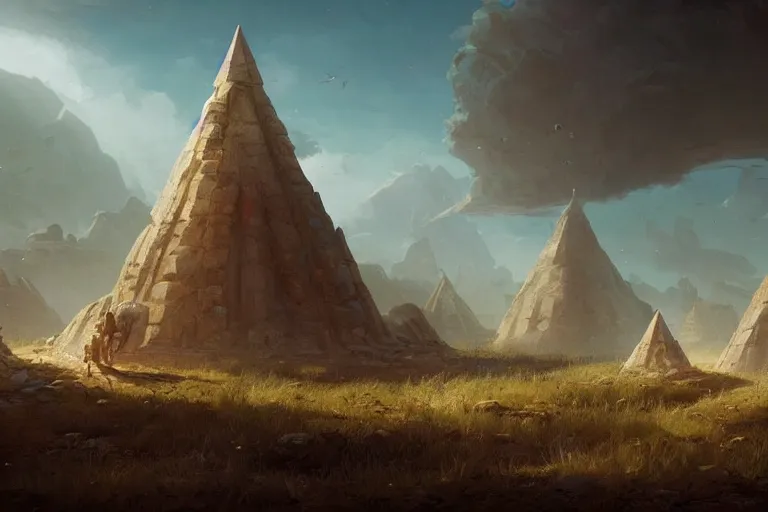 Prompt: surrealist landscape of ancient stone god monuments with tiny tipi villages on their heads. matte digital painting, greg rutkowski, peter mohrbacher, epic composition, god rays, vivid tones.