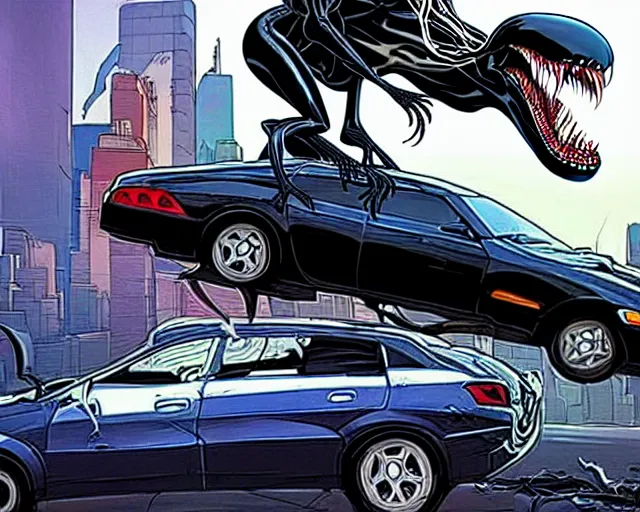 Prompt: A Venom standing on top of a wrecked car in the city, open arms art by Jason Chan and Gerardo Sandoval, Ultra detailed, hyper realistic,