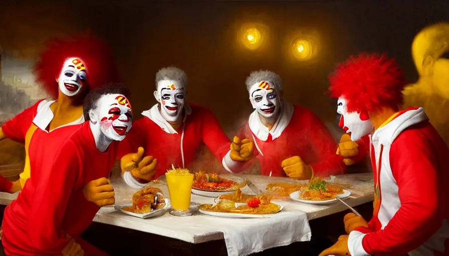 Image similar to highly detailed painting of a group of ronald mcdonalds with red afros, white facepaint, red noses and yellow tracksuits salsa dancing at a spanish tapas restaurant by william turner, by greg rutkowski, by william constable, thick brush strokes and visible paint layers, 4 k resolution
