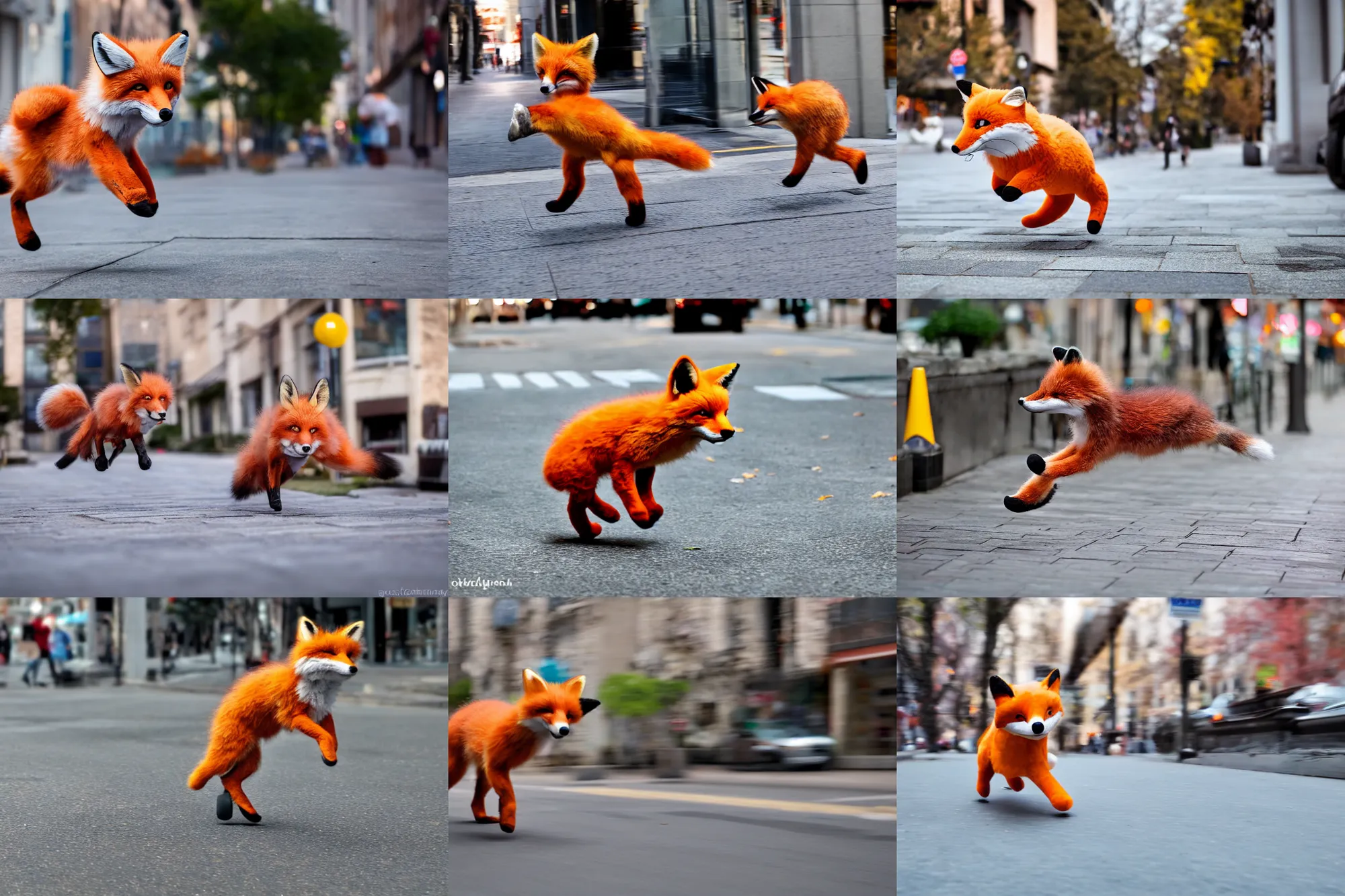 Prompt: An airborne pouncing stuffed animal toy fox plushie pouncing on the sidewalk, dynamic, motion blur, 1/4 shutter speed, award winning photography