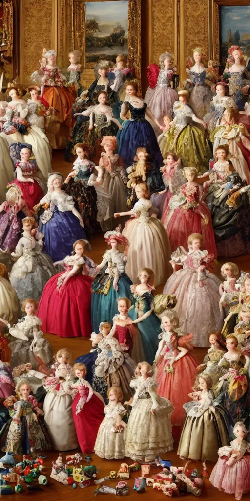 Image similar to Women in baroque dresses, standing in the middle of the room full of toys