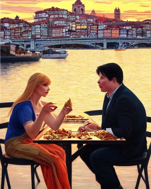 Image similar to Portrait of Michael Mcintyre & a blonde lady eating lasagna on waterfront in Porto, sunset, real life skin, intricate, elegant, highly detailed, artstation, concept art, smooth, sharp focus, art by artgerm and greg rutkowski and alphonse mucha