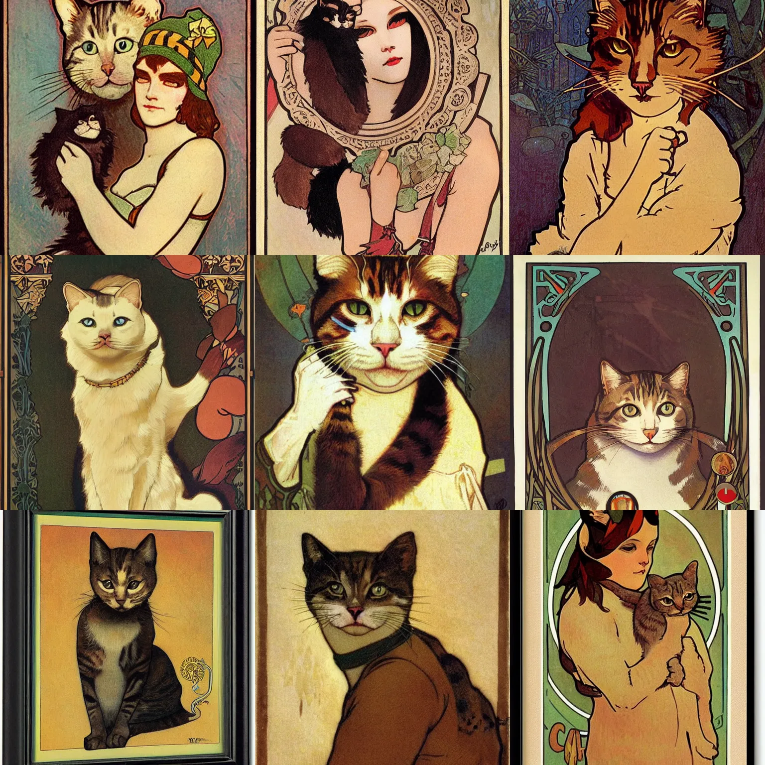 Prompt: cat furry with human face by Mucha