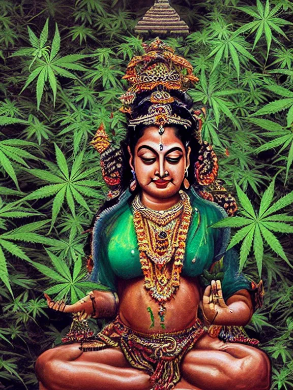 Image similar to hindu goddess in cannabis forest, film photo, grainy, high detail, high resolution,