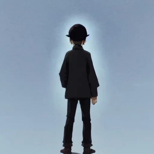 Prompt: black eyed boy with pointed hat, hands in pockets, black jacket, thin pants, trending on pixiv fanbox, painted by greg rutkowski makoto shinkai takashi takeuchi studio ghibli, akihiko yoshida