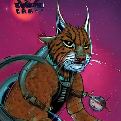 Prompt: lynx - headed space pirate, science fiction, pulp sci fi, heavy metal magazine, illustration