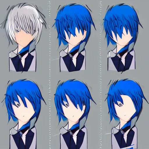 Image similar to concept art of a anime character with blue hair