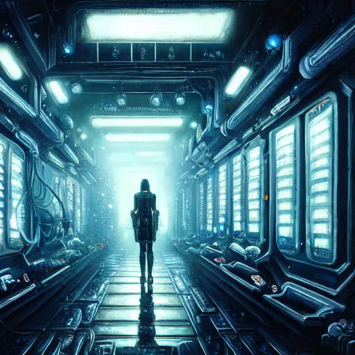 Image similar to ultra realist intricate detailed painting of a room full of cryo pods, blade runner, sci - fi, very intricate details, female in focus, 8 k resolution, volumetric lighting, artstyle hiraku tanaka, award winning