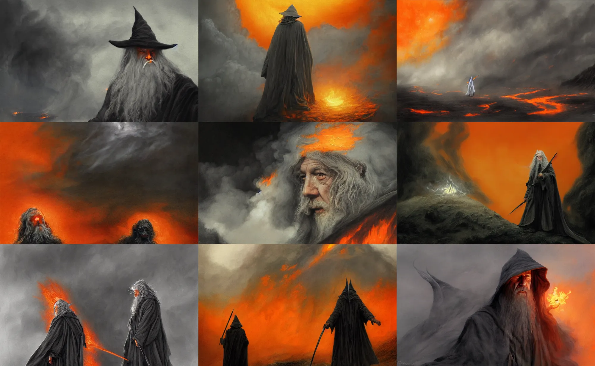 Prompt: gandalf shrouded in shadows, surrounded by billowing pitch black clouds of smoke and blinding orange flame, by alan lee, intricate, detailed, digital painting, artstation