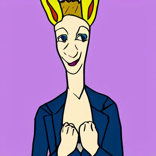 Image similar to a tall skinny blonde bunny woman with her hair in a bun and purple eyes, wearing a dark purple suit, cartoony