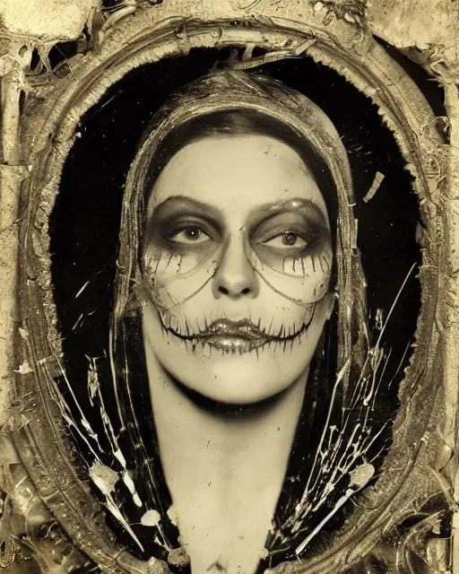 Prompt: tintype virgin mary dressed in dia de muertos makeup high quality photo, microchip, artificial intelligence, bio - mechanical bio - luminescence, black wired cables, neurons, nerve cells, cinematic, rim light, photo - realistic, high detail, 8 k, masterpiece, high fashion, in the style of steven meisel dora maar h. r. giger