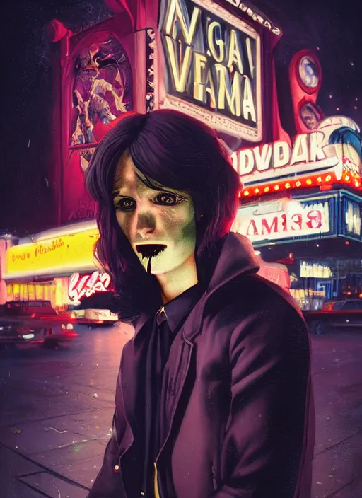 Image similar to 35mm kodak portra portrait a vampire on the Las Vegas strip at night by tomer hanuka and tom bagshaw, handsome face, hyper realism, high detail, octane render, 8k, trending on artstation, CGsociety, concept art