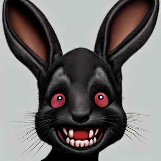 Image similar to A extremely highly detailed majestic hi-res beautiful, highly detailed head and shoulders portrait of a scary terrifying, horrifying, creepy black cartoon rabbit with scary big eyes, earing a shirt laughing, hey buddy ole pal, let's be friends, in the style of Walt Disney