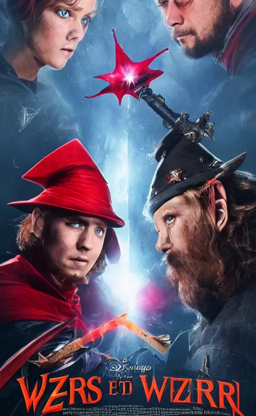 Image similar to a mind - blowing, epic movie poster, depicting a war between red and blue fantasy wizards, wearing wizard hats, magic, cinematic