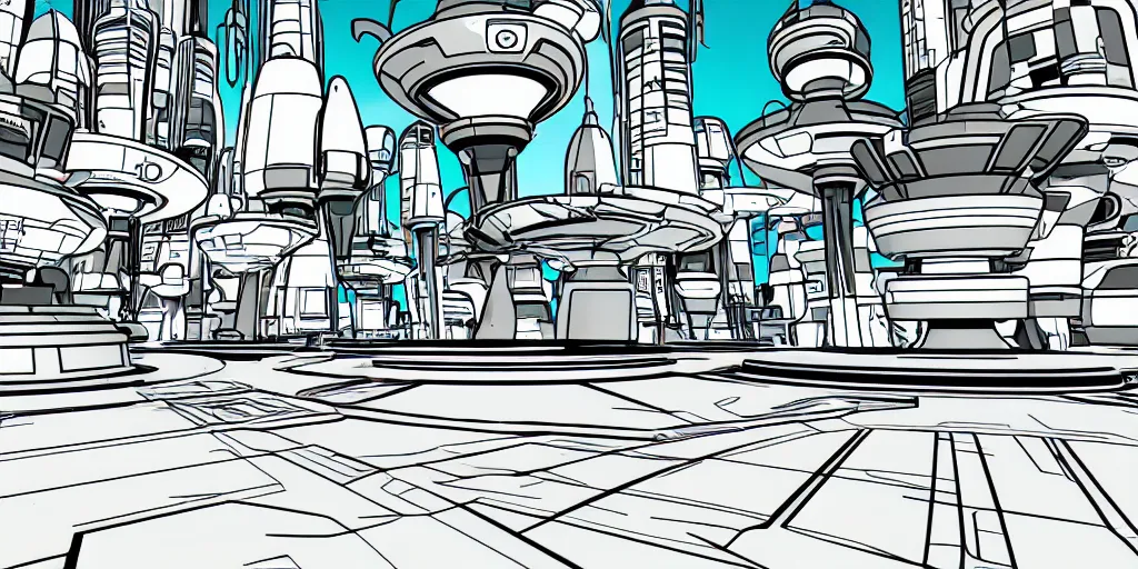 Image similar to futuristic space port in the style of the jetsons cartoon, retro line art, path traced