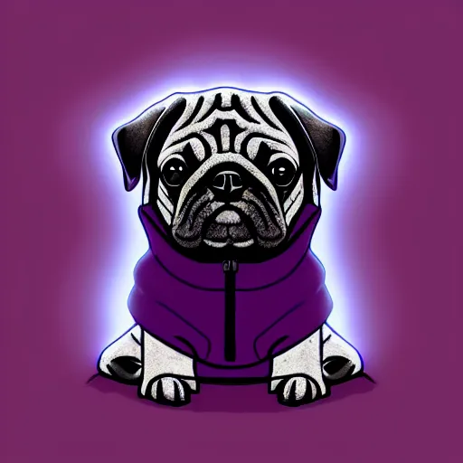 Image similar to a sad pug wearing a hoodie, the word ( sad ) is typed on the hoodie in upper case letters, digital art, synthwave style, trending on artstation, matte painting