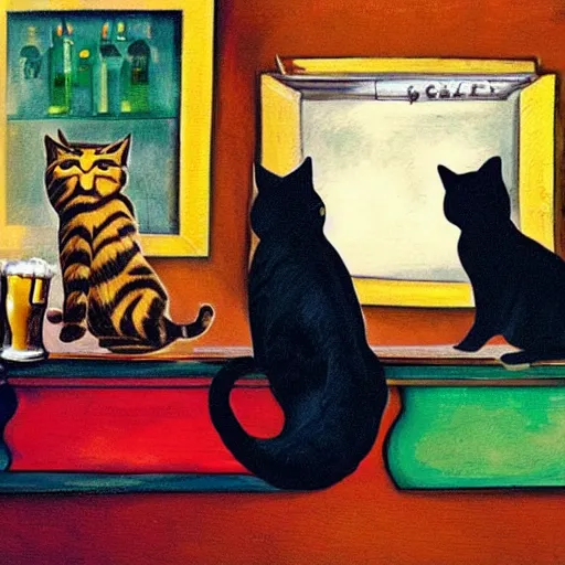 Prompt: three cats in a bar, drinking beer