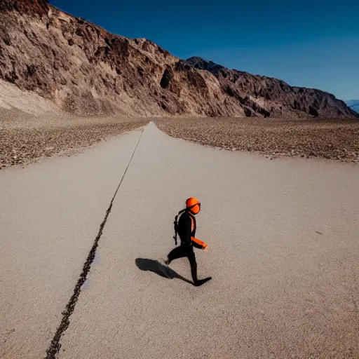 Image similar to a scuba diver with fins on his feet is walking through death valley, bright sunny day, photography, highly detailed, high quality,