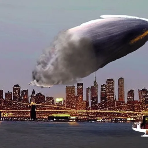 Image similar to photo of giant zeppelin crashing in New York